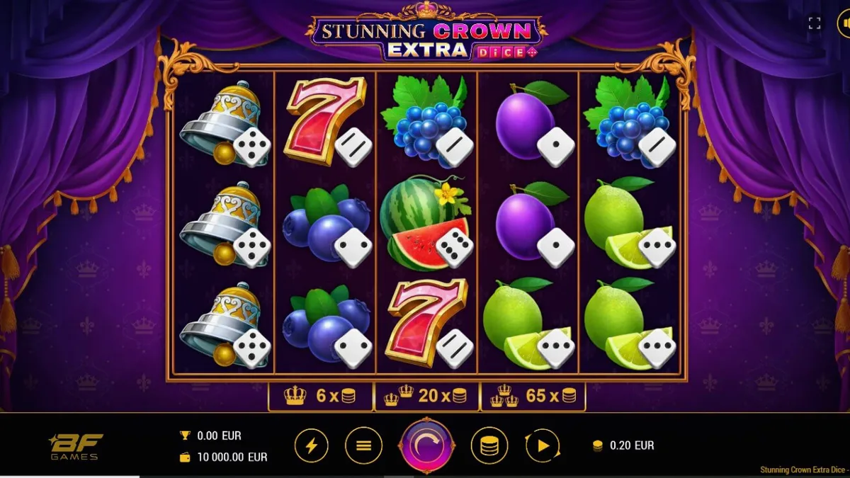 Interface do jogo Stunning Crown Extra Dice com símbolos de coroas e joias