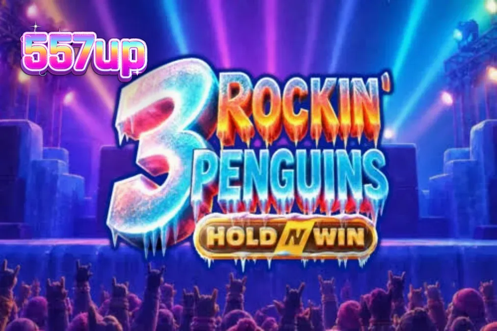 Três pinguins roqueiros em um palco congelado no slot 3 Rockin’ Penguins